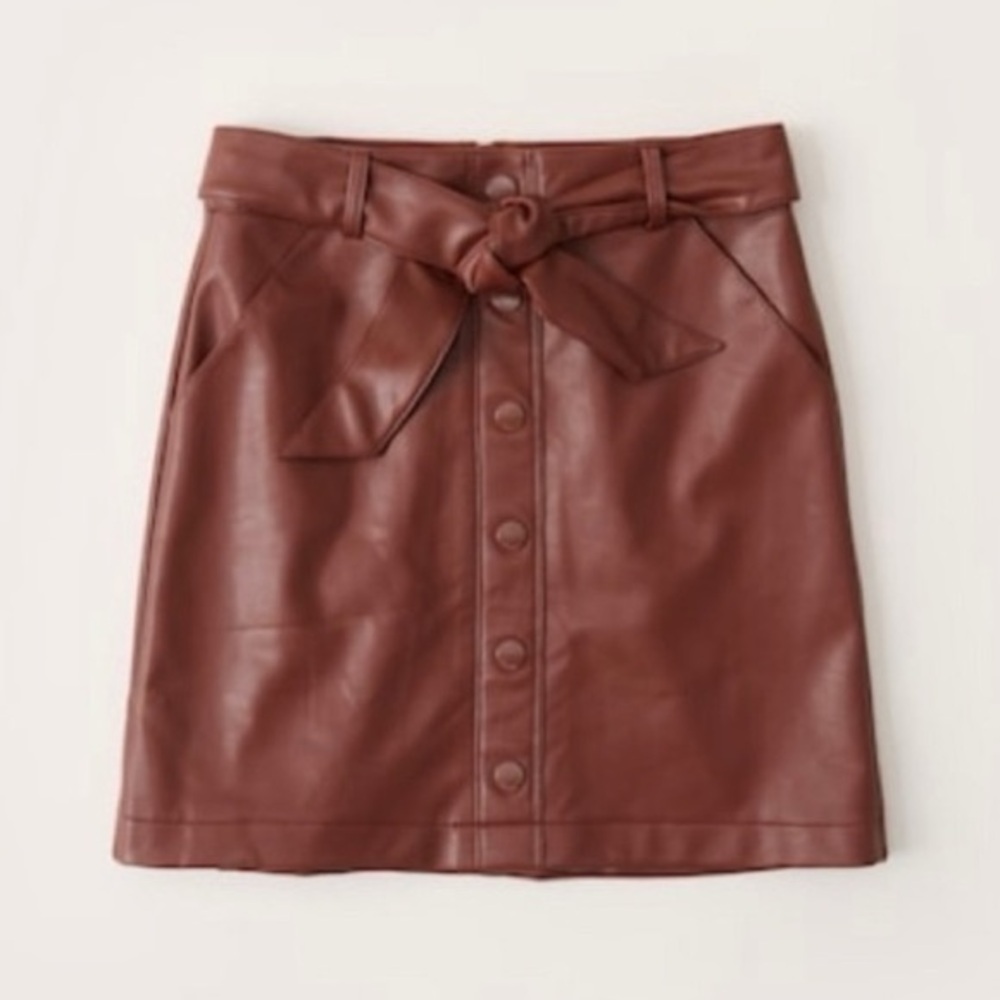 Abercrombie & Fitch Vegan Leather Button Front Tie Waist Mini Skirt in Rust- S